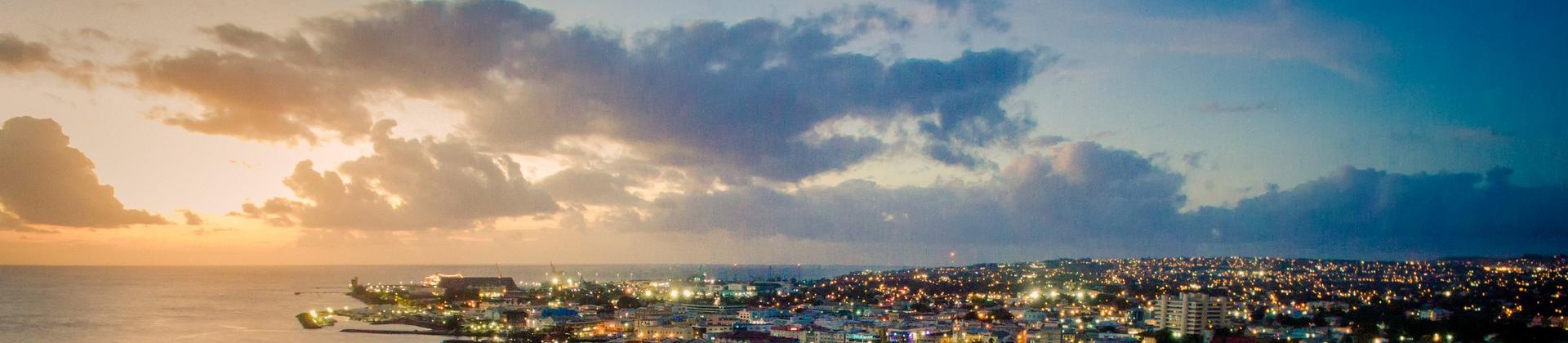 Aerial view of beach in Barbados at sunset time