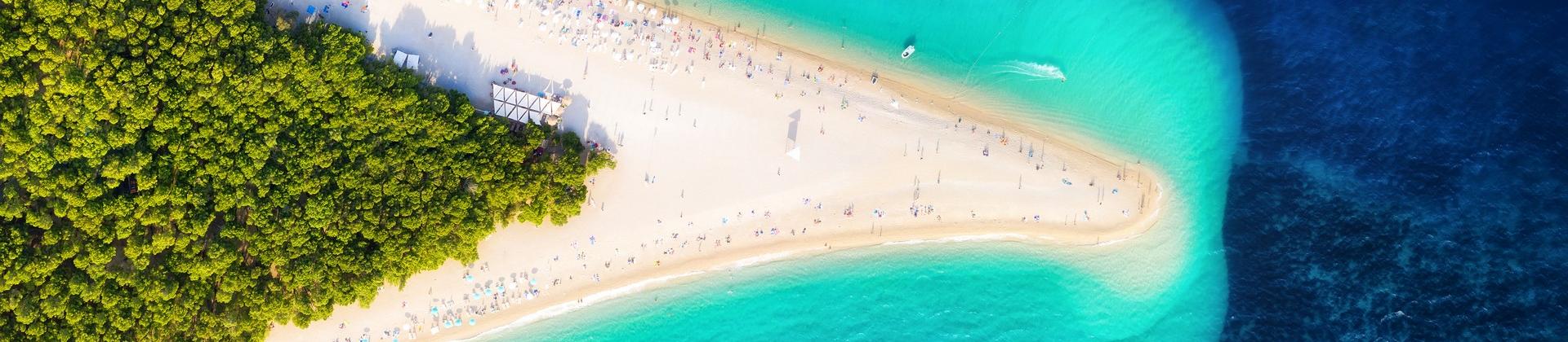 Aerial view of beach with turquise sea in Brač