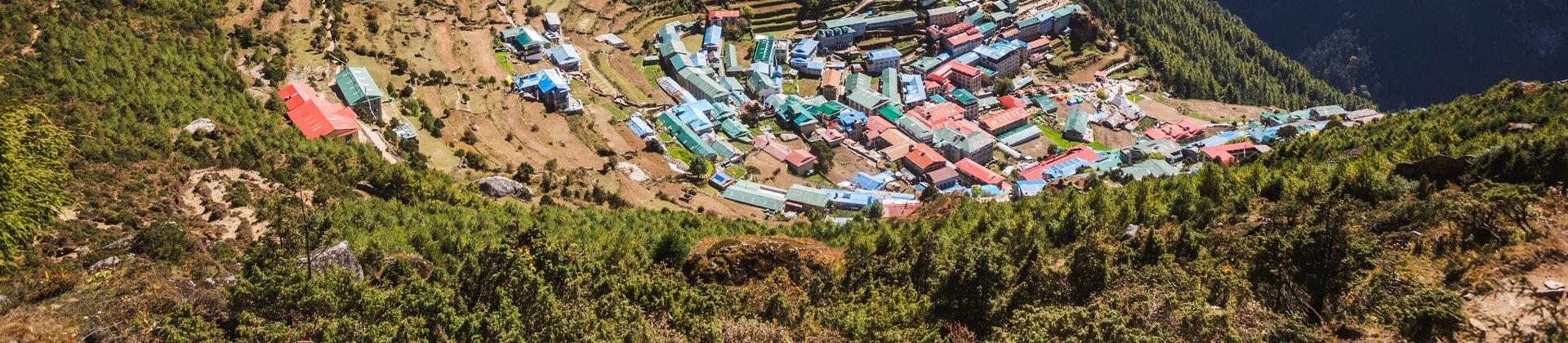 Aerial view of mountain range in Namche Bazar on a clear sky day