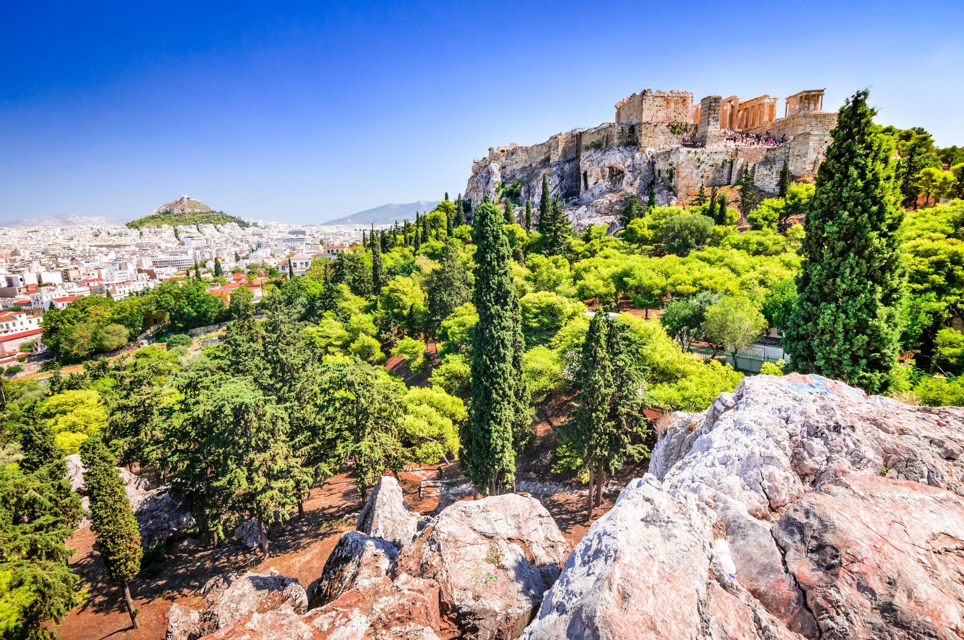 Mountain range in Athens on a sunny day