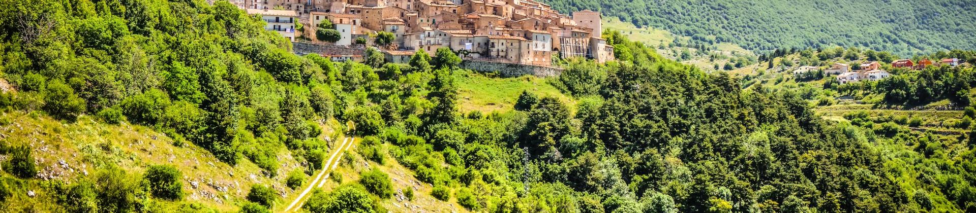 Aerial view of countryside in L'Aquila in partly cloudy weather