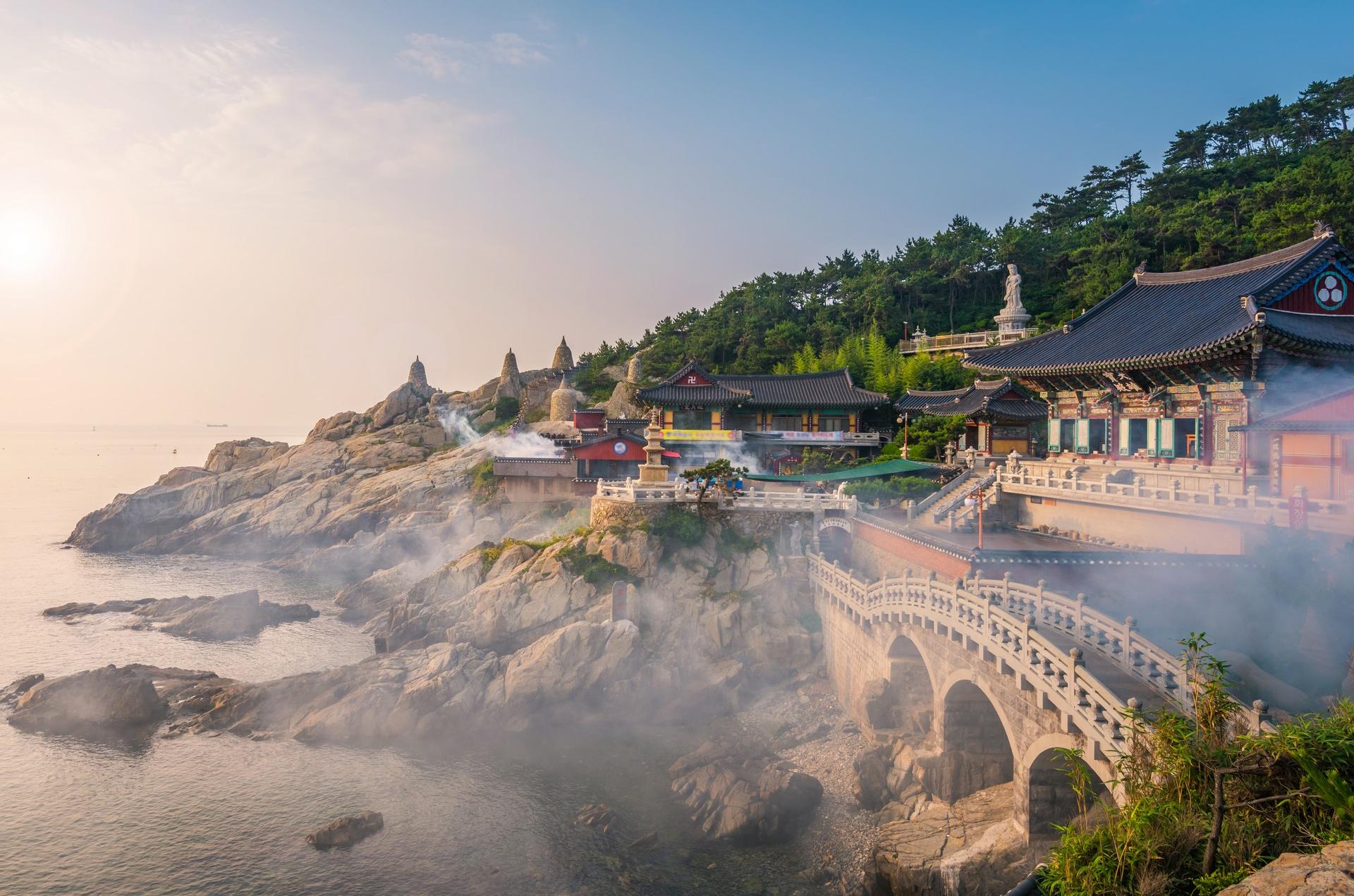 Aerial view of architecture near Busan on a sunny day with some clouds