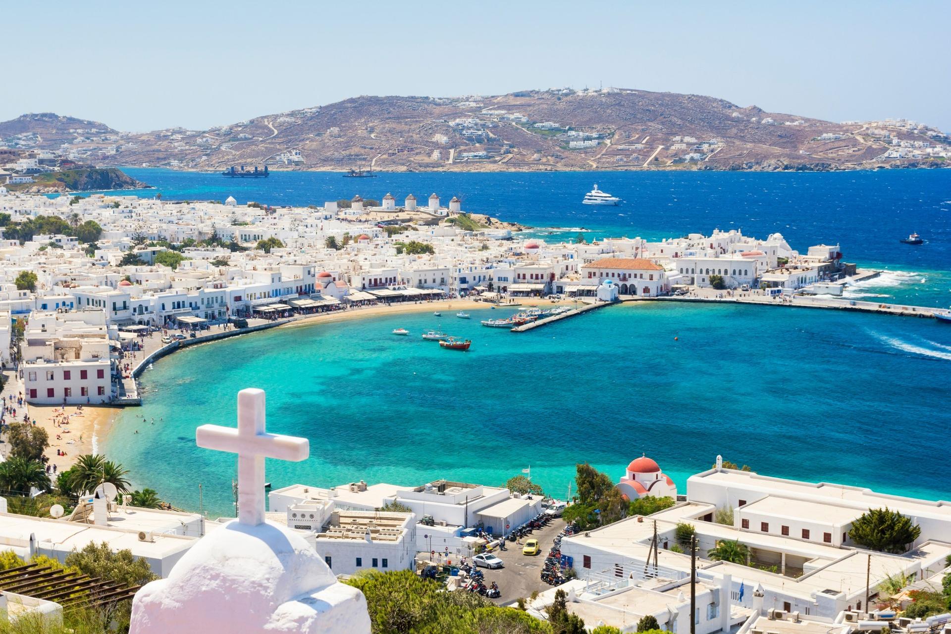 Aerial view of boat in Mykonos on a cloudy day