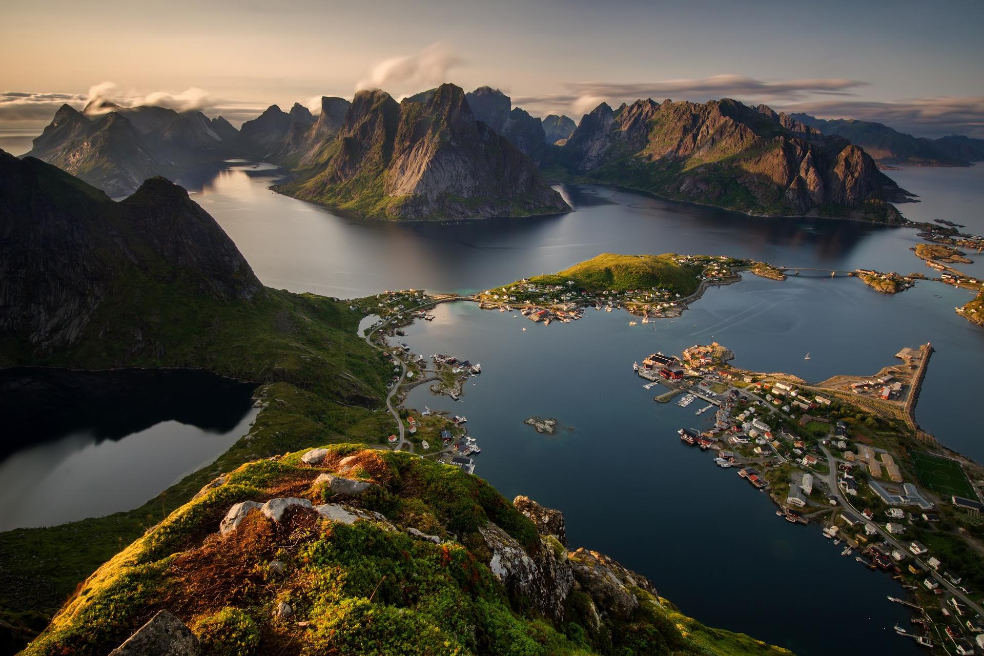 Aerial view of mountain range in Lofoten at sunset time