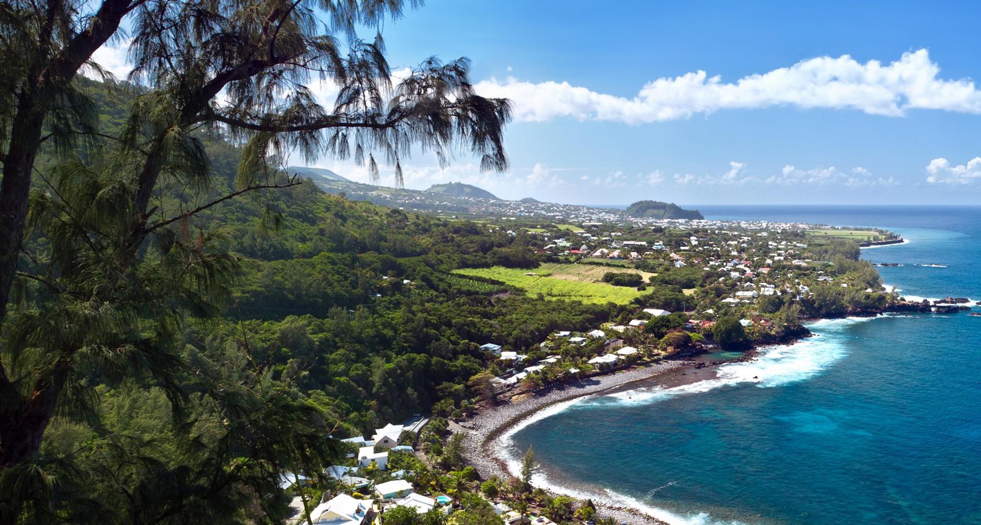 Aerial view of beach in Reunion in partly cloudy weather