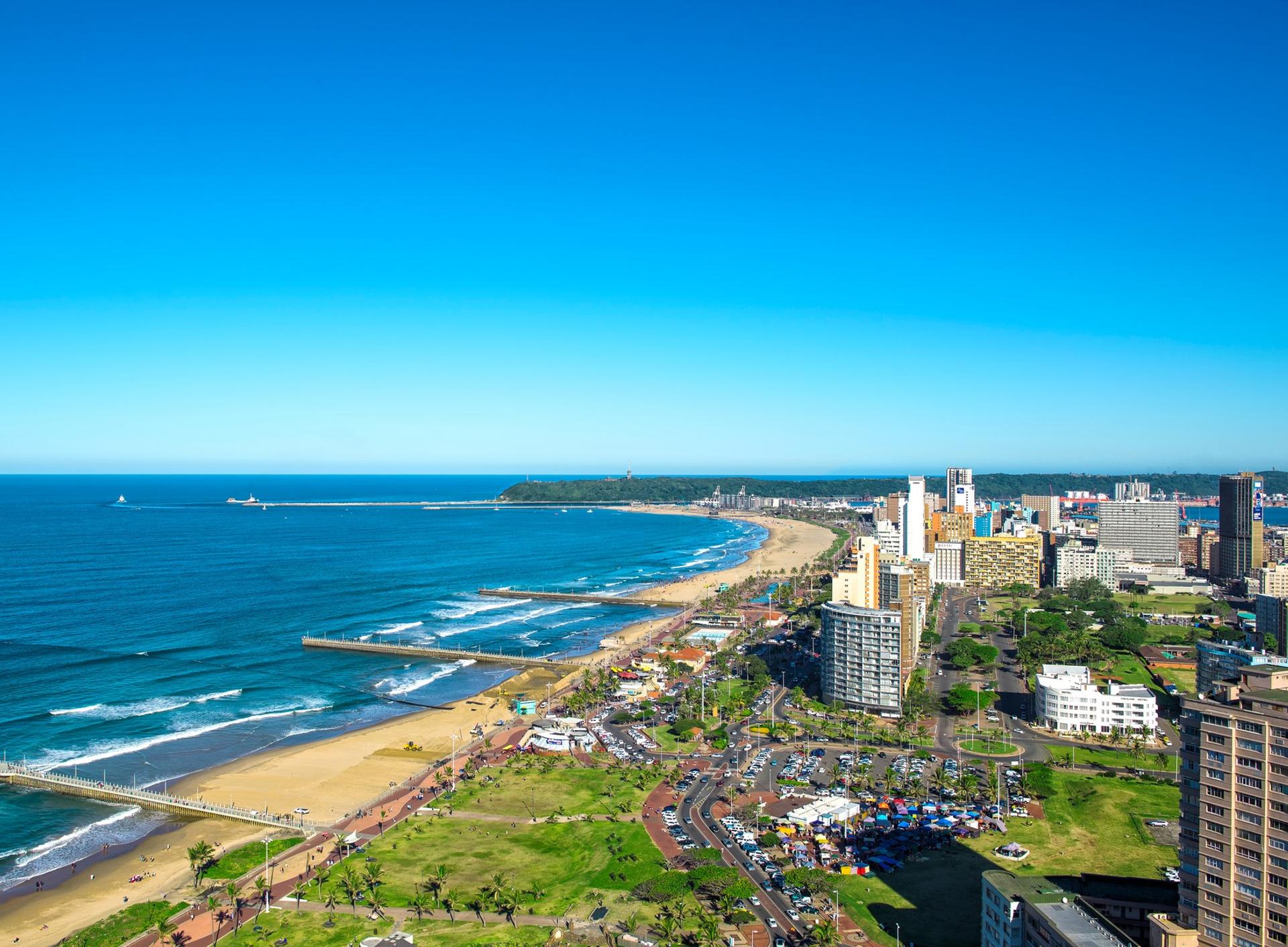Aerial view of beach in Durban on a clear sky day