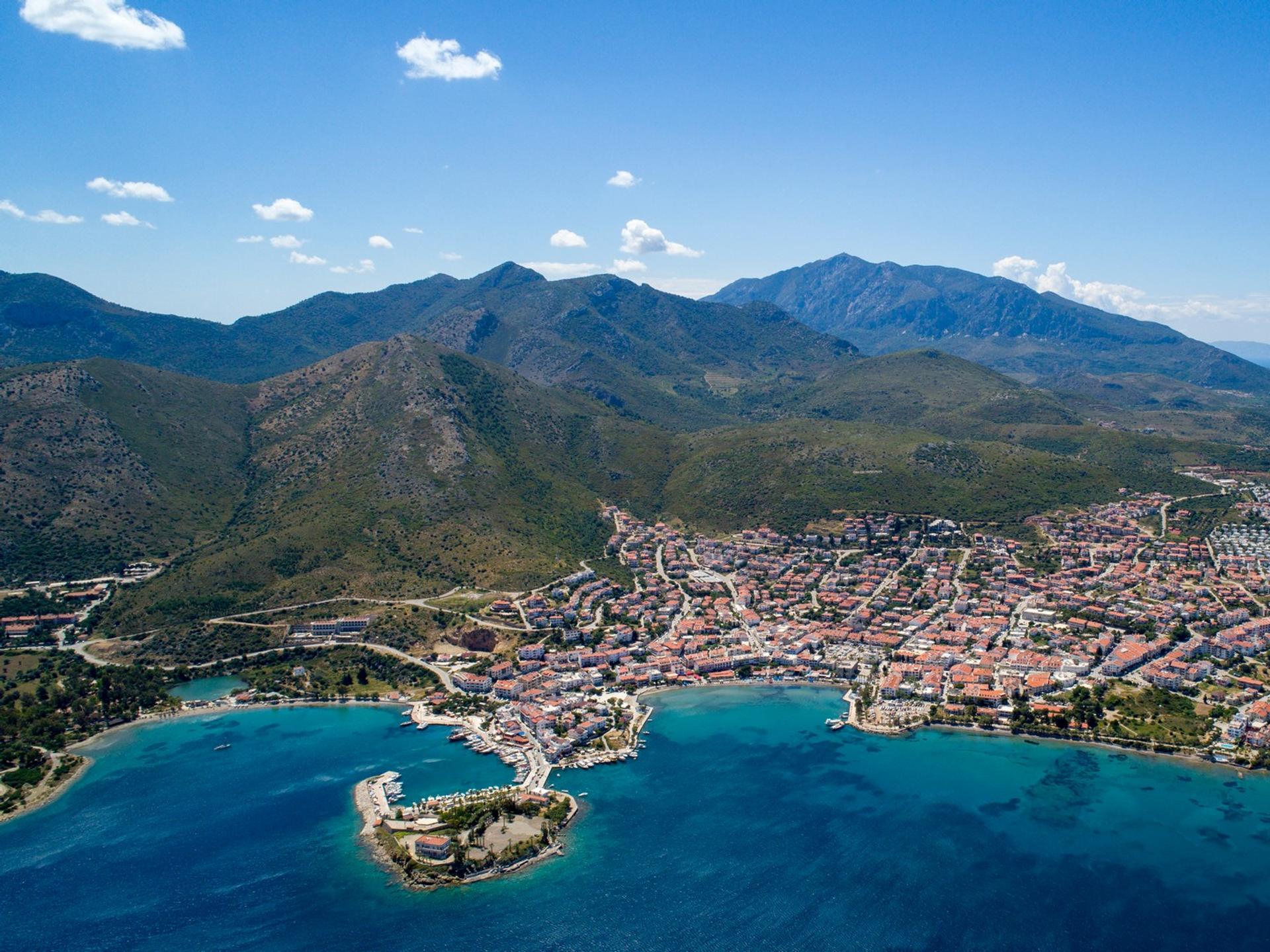 Aerial view of mountain range in Datça on a sunny day with some clouds