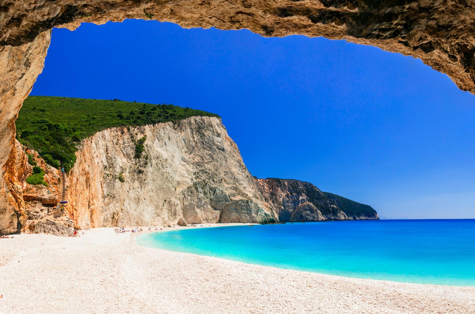 Nice beach by the sea and lake in Lefkada on a clear sky day