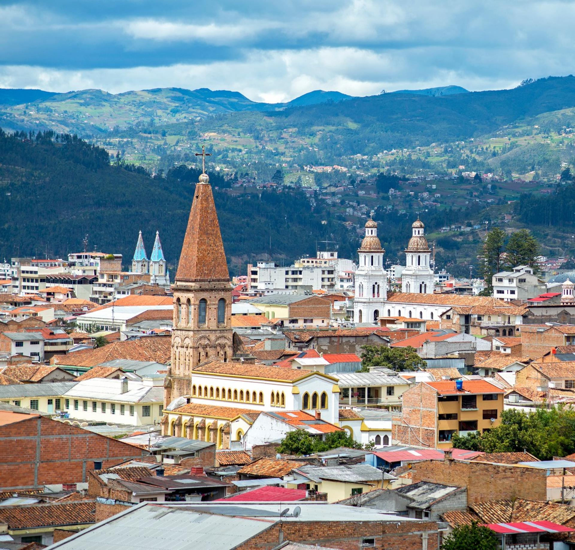 Aerial view of architecture in Cuenca with cloudy sky