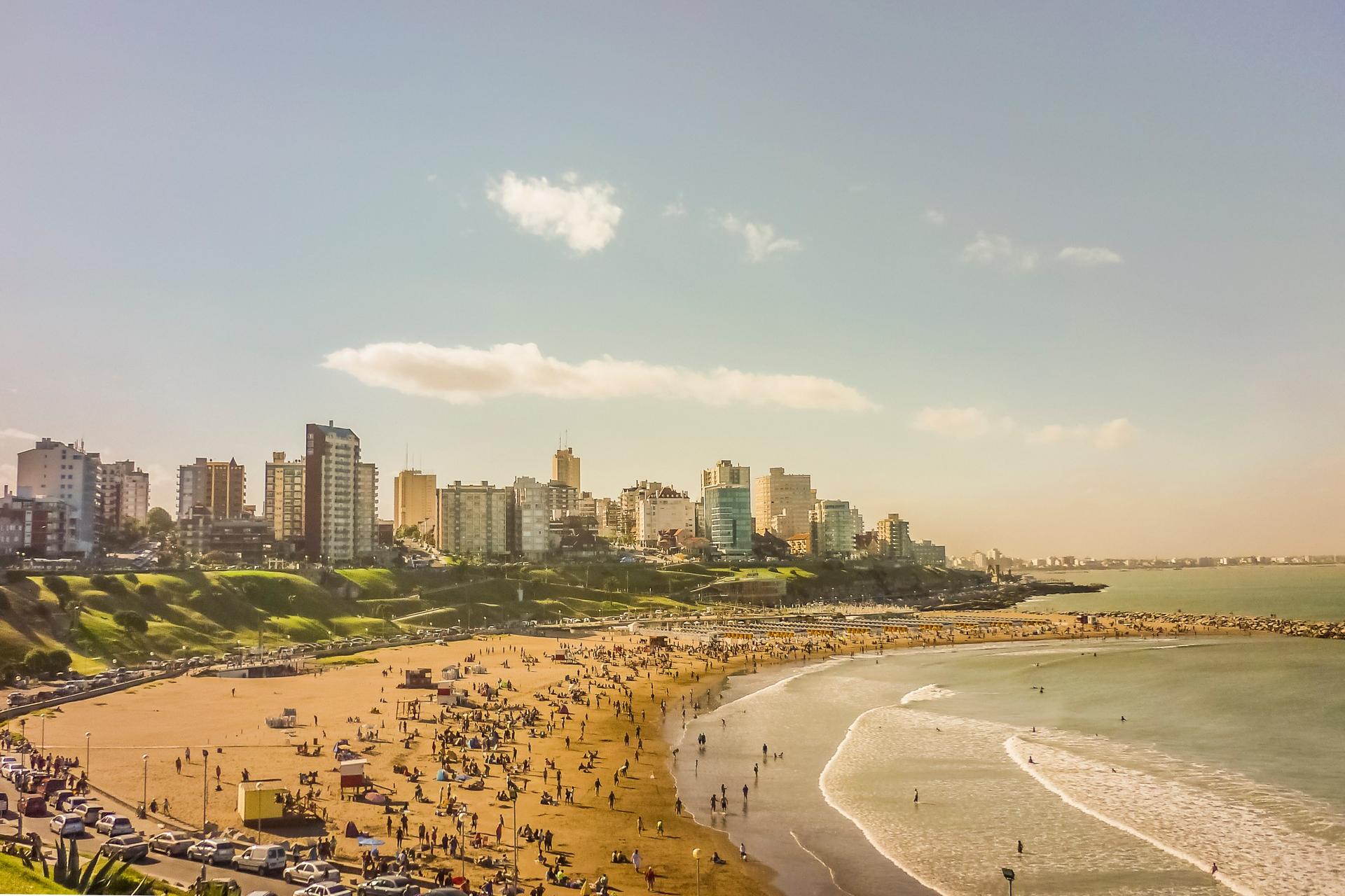 Aerial view of beach in Mar del Plata in sunny weather with few clouds