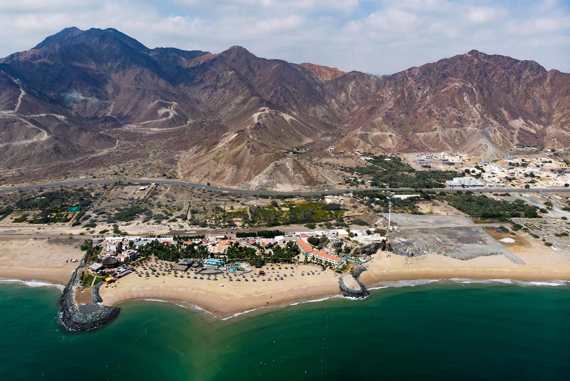 Aerial view of awesome beach in Al Fujayrah on a cloudy day