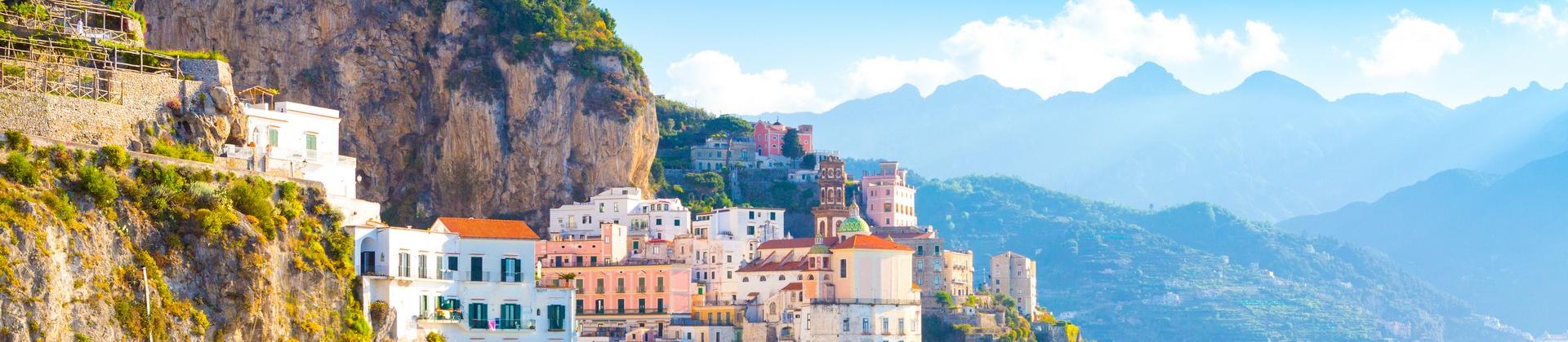 Aerial view of architecture in Amalfi in partly cloudy weather