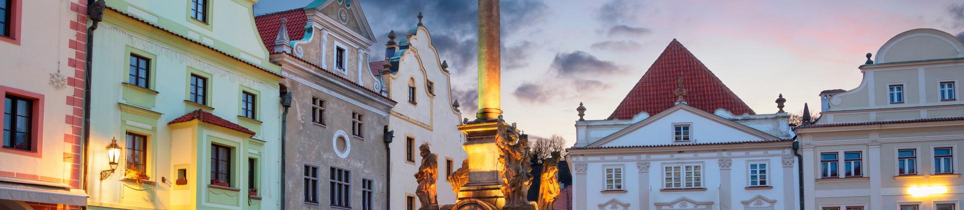 City square in Český Krumlov at sunset time