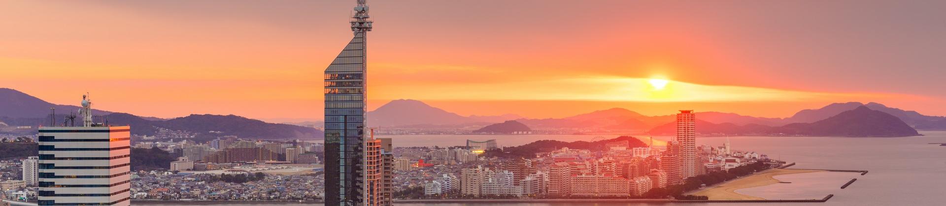 Aerial view of architecture in Fukuoka at sunset time