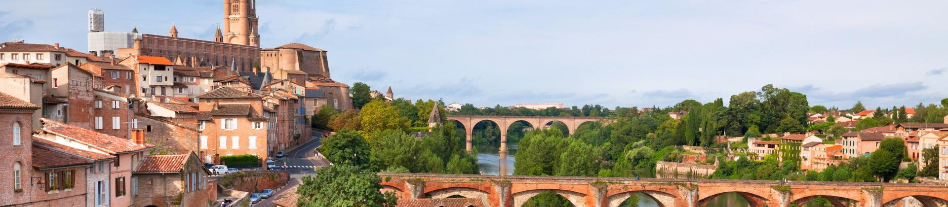 Aerial view of architecture in Albi with cloudy sky