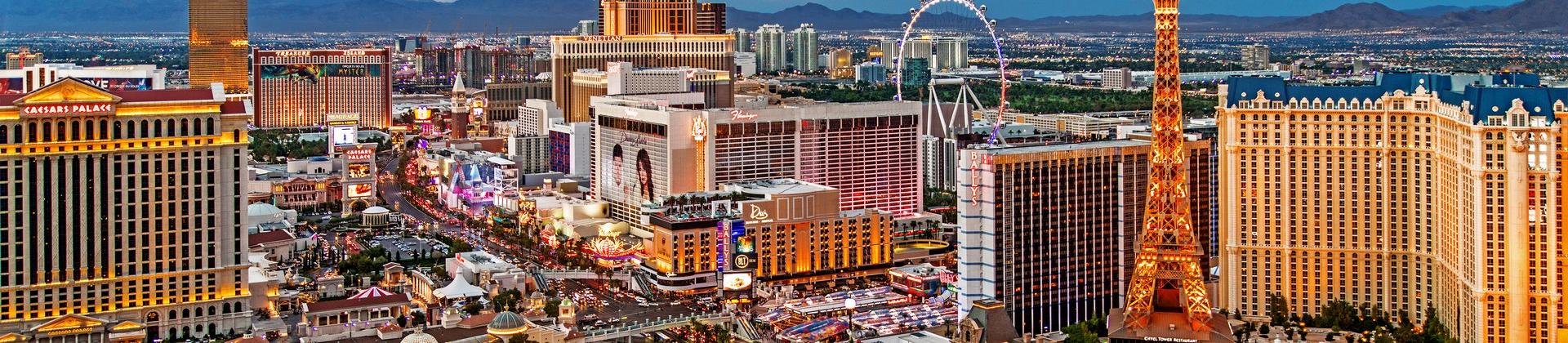 Aerial view of architecture in Las Vegas at sunset time