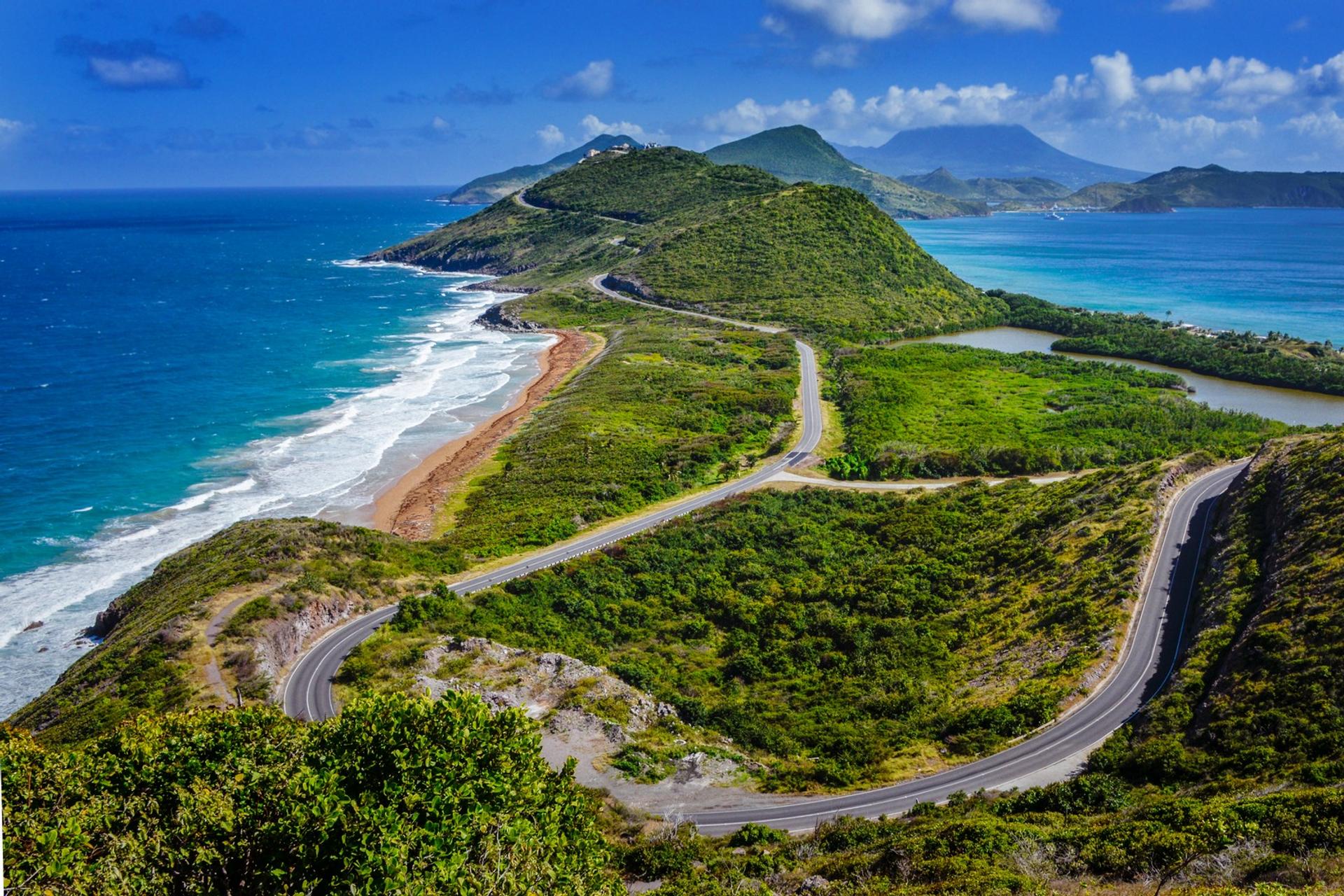 Aerial view of beach in Nevis in partly cloudy weather