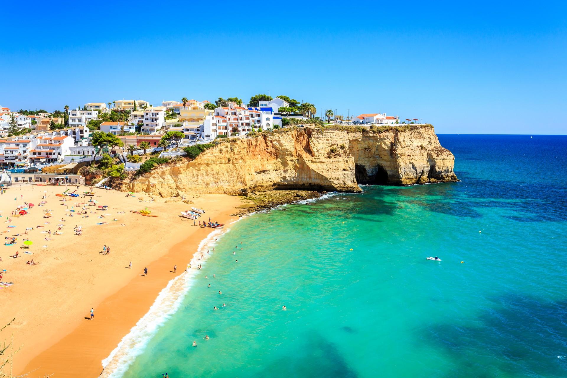 Enjoyable beach and lake in Carvoeiro with nice weather and blue sky