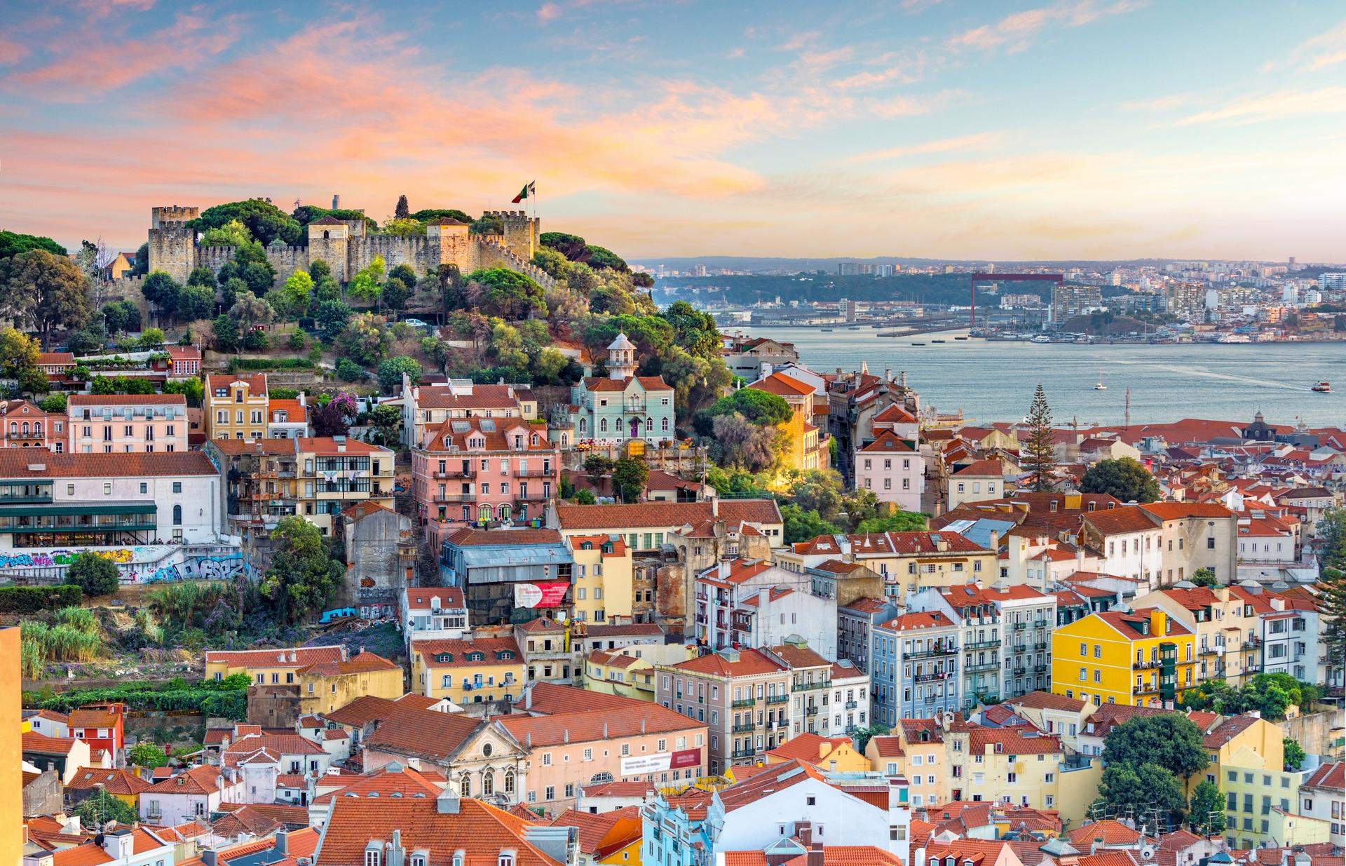 Aerial view of architecture in Lisbon at dawn