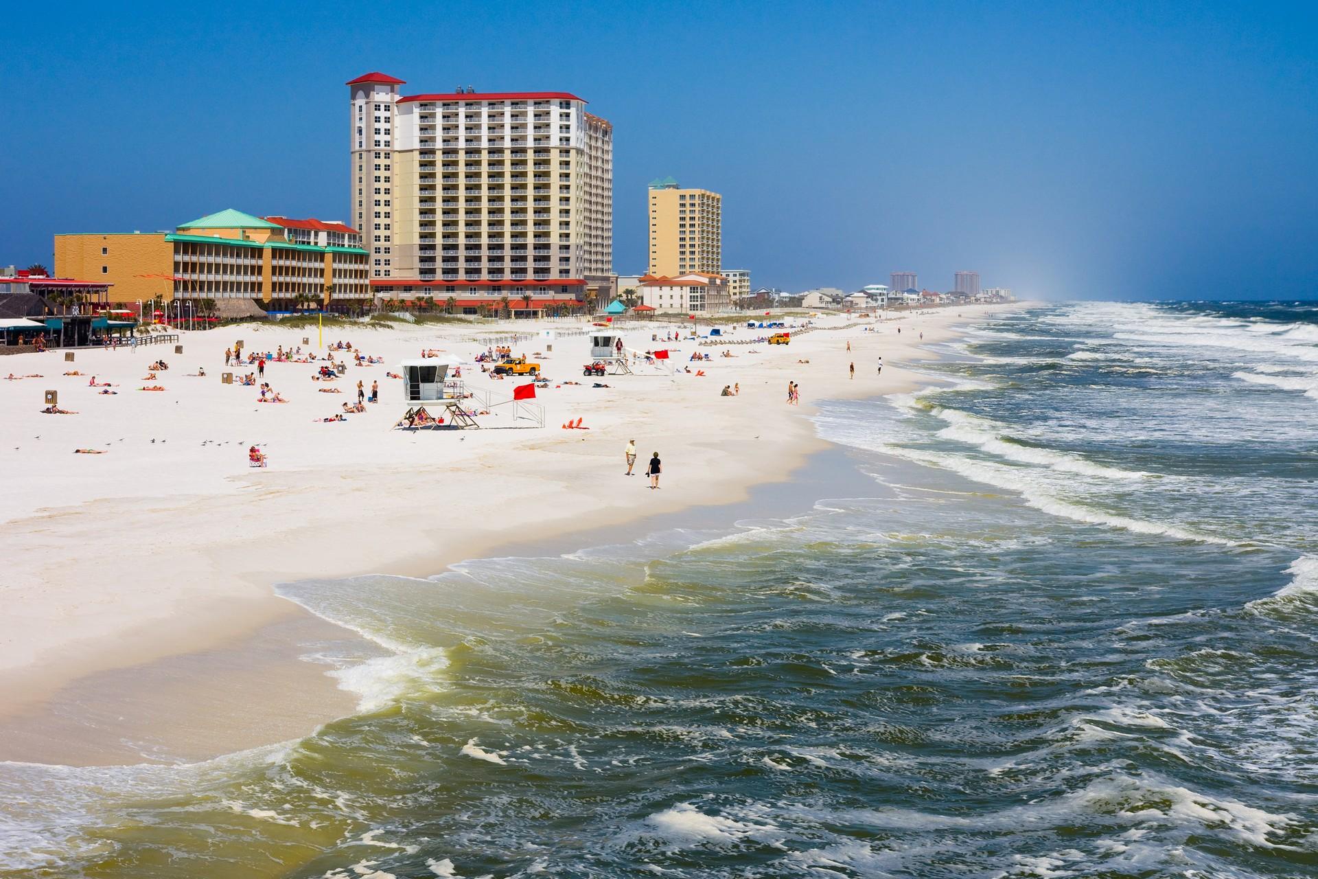 Aerial view of beach in Pensacola Beach on a clear sky day