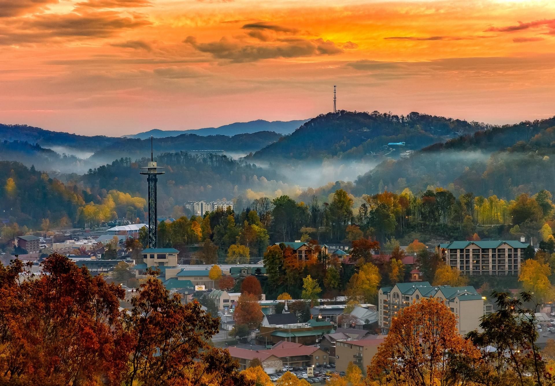 Aerial view of mountain range in Gatlinburg at sunset time