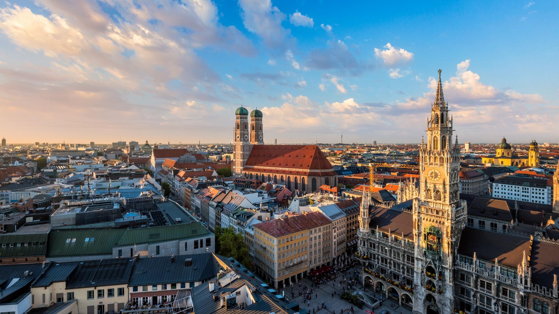 Aerial view of architecture in Munich at dawn